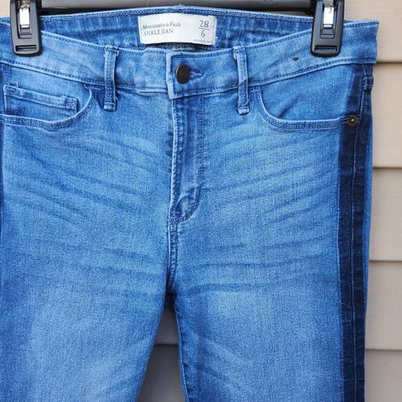 Abercrombie & Fitch Blue Ankle Jeans Raw Hem Two-Tone Side Stripe Skinny - Picture 4 of 14
